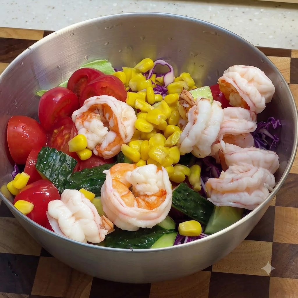 Condimento per insalata versato in una ciotola di acciaio inossidabile piena di gamberi freschi, mais, pomodorini e cavolo rosso.