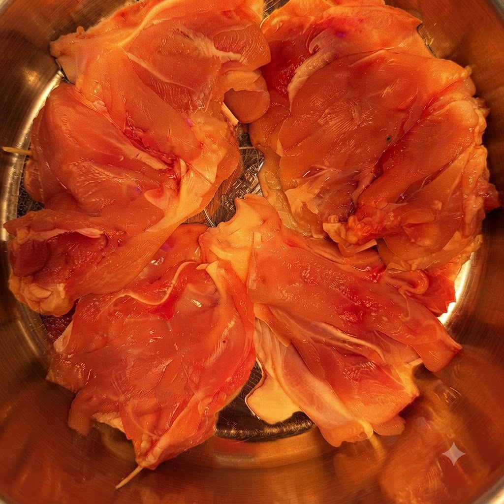 Pezzi di coscia di pollo cruda disposti allinterno di una ciotola di metallo, spolverati con condimenti in polvere.