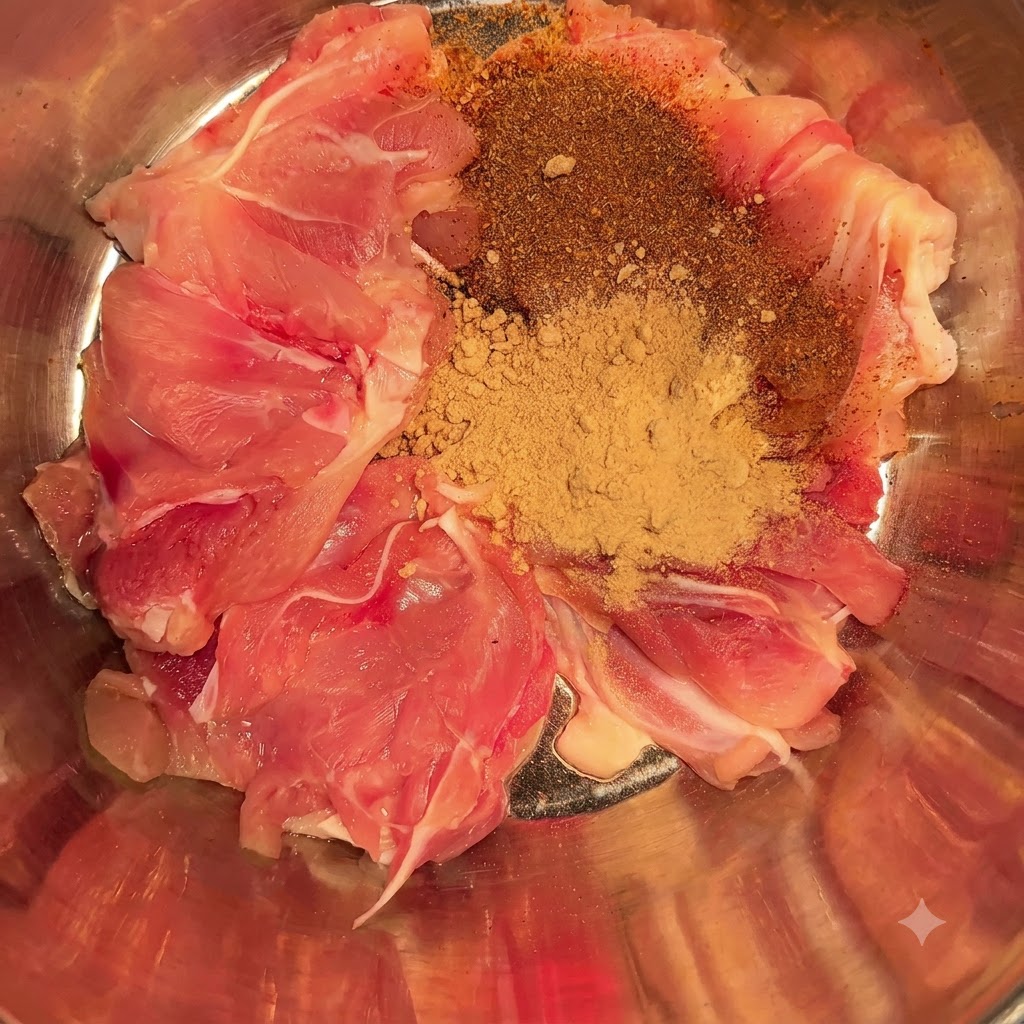 Peperoncino in polvere aggiunto al pollo nella ciotola.