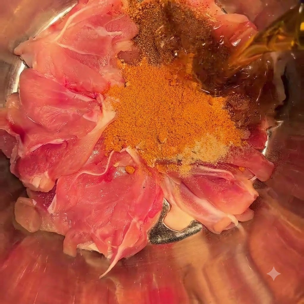 Olio di pepe di Sichuan versato nella ciotola con pollo e spezie.