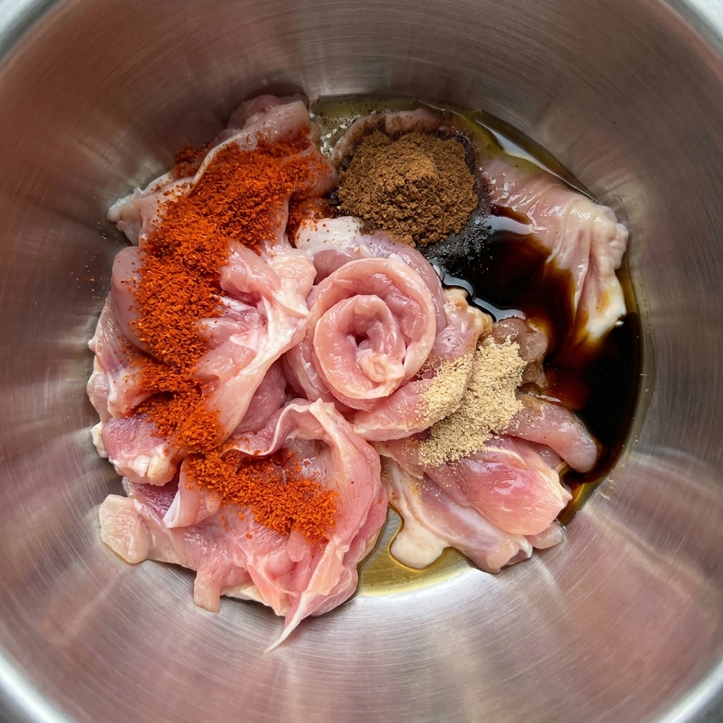 Salsa di soia chiara versata nella ciotola con il pollo e i condimenti.