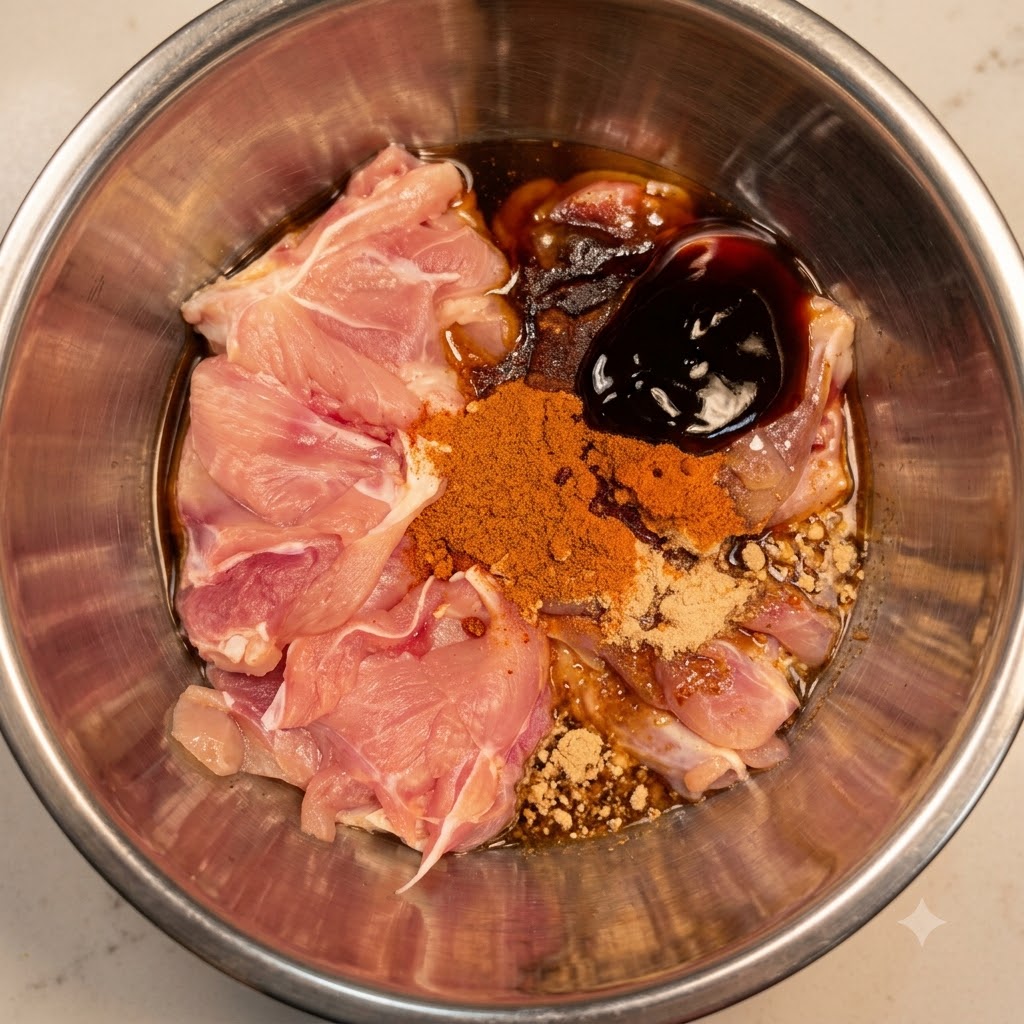 Un cucchiaio di amido di mais aggiunto alla ciotola con pollo e marinati.