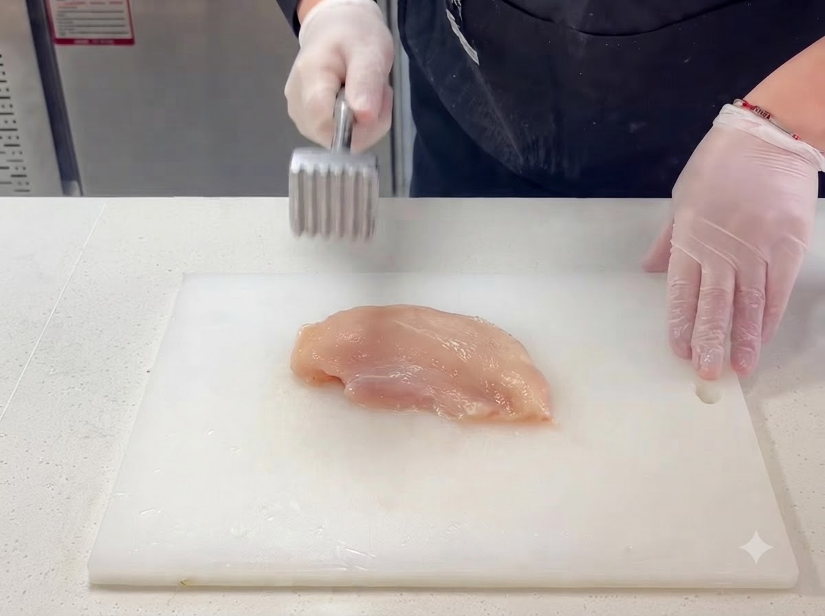 Una mano guantata che batte un petto di pollo crudo appiattendolo con un batticarne in metallo su un tagliere pulito.