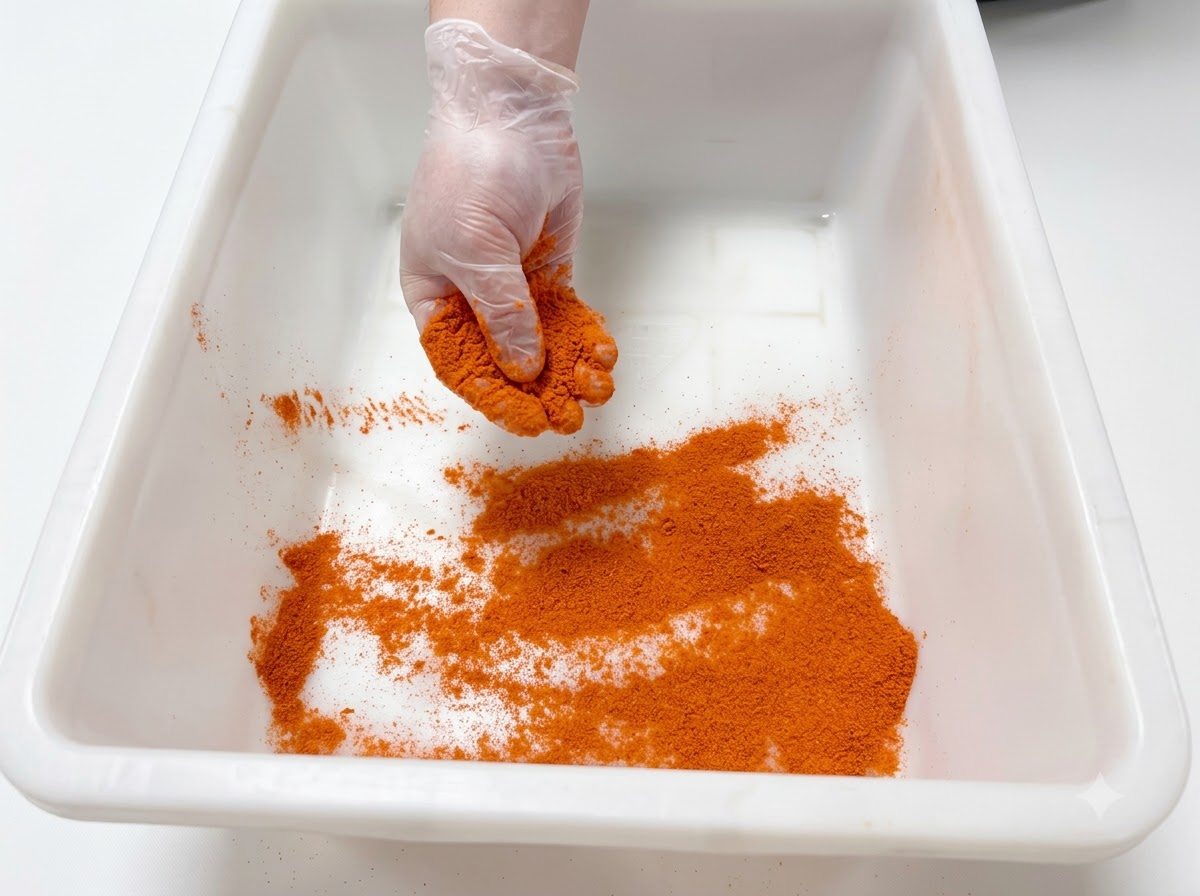 Una mano guantata che distribuisce polvere di marinata arancione in modo uniforme sulla superficie inferiore di un contenitore di plastica bianco.