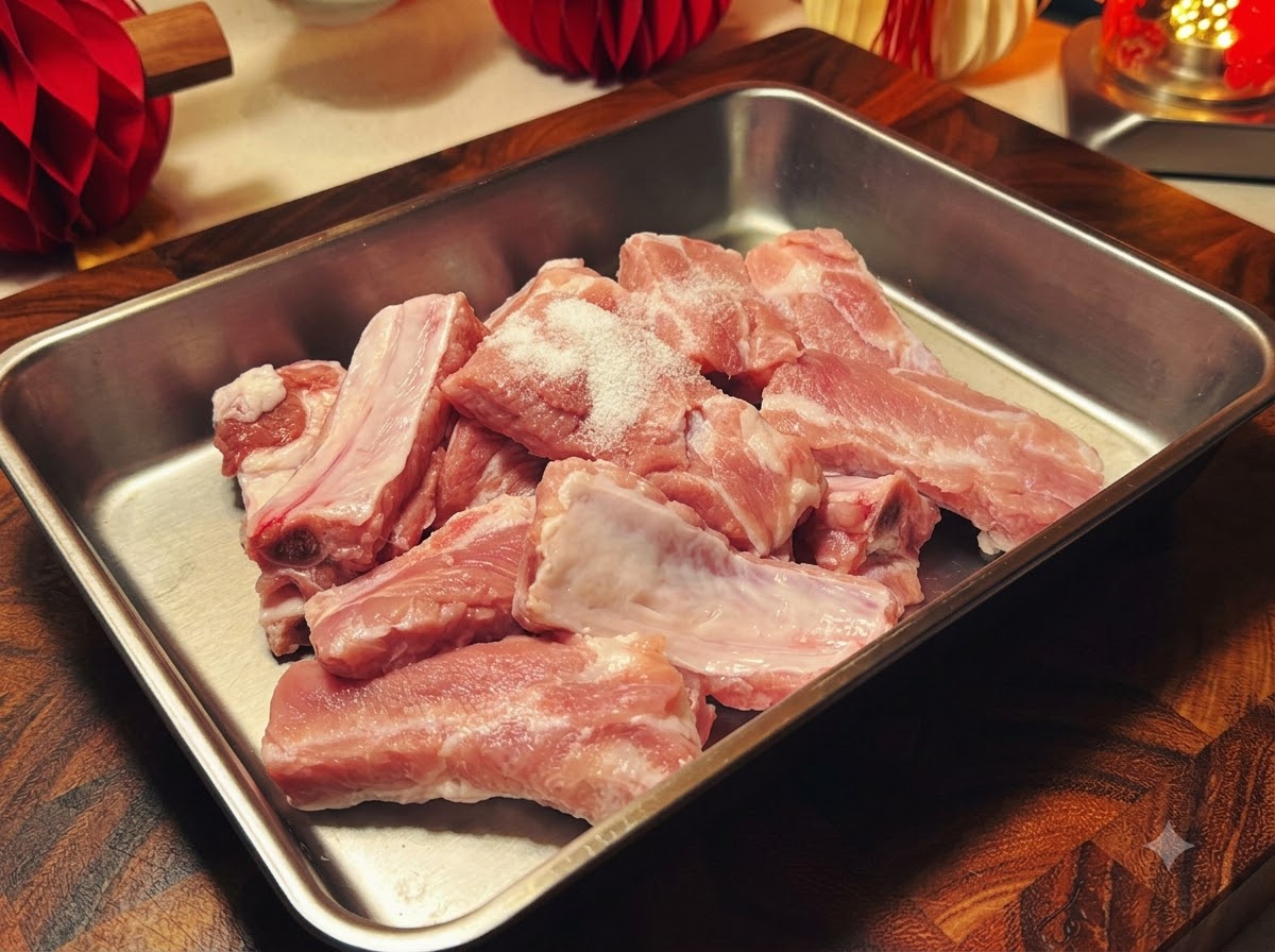 Costine di maiale in un vassoio di metallo condite con sale, pepe, salsa di pesce, amido e un uovo intero.