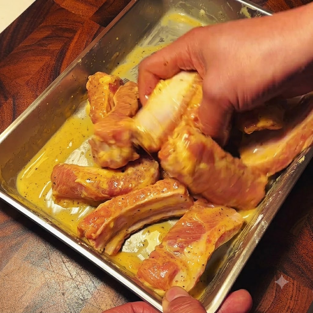 Mani che mescolano accuratamente le costine di maiale condite e le spezie insieme in un vassoio.
