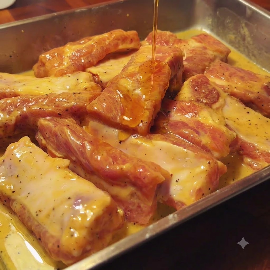 Olio di sesamo versato sopra un vassoio di costine di maiale marinate.