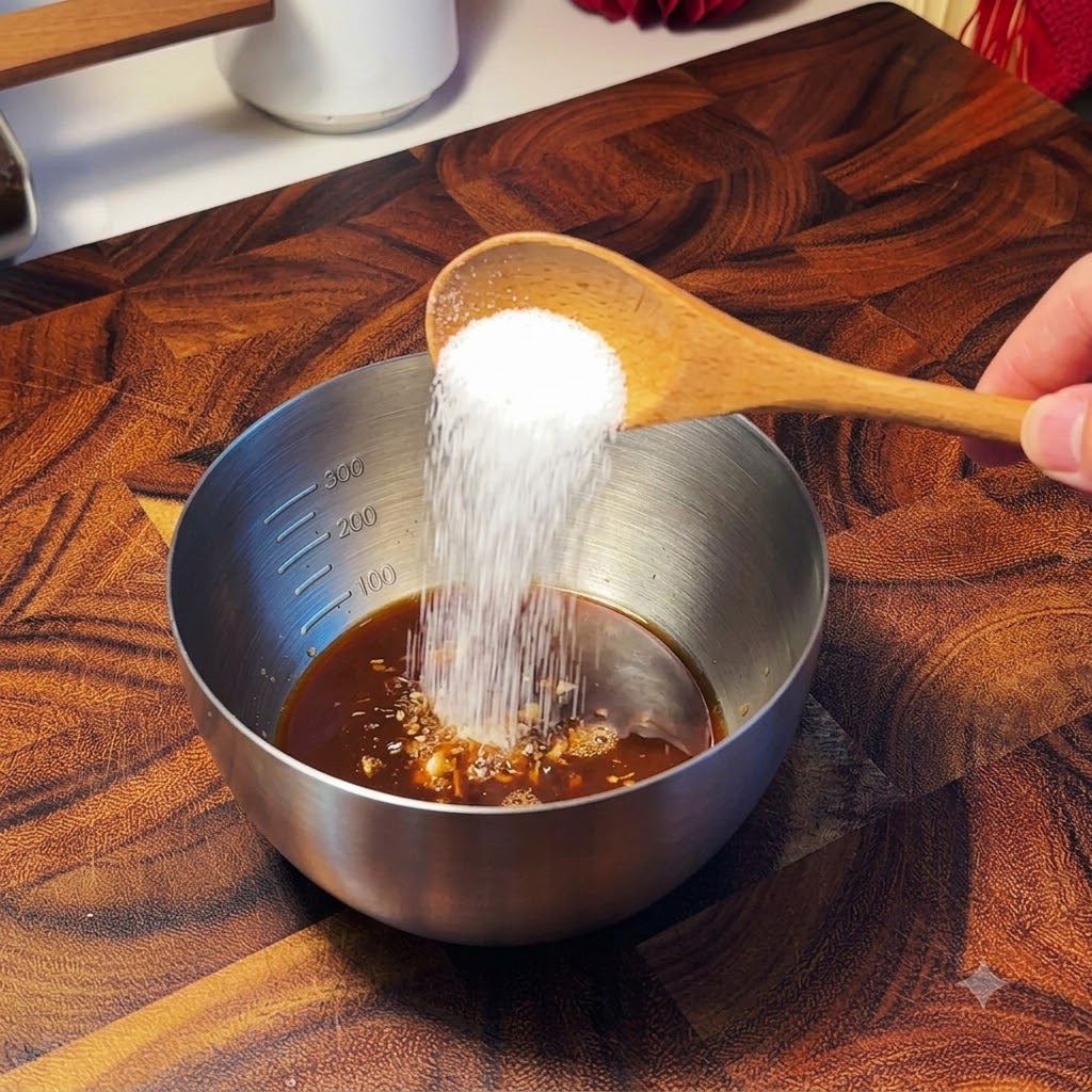 Un cucchiaio di legno che versa zucchero semolato in una piccola ciotola di acciaio inossidabile contenente salsa di caffè liquida e aglio tritato.