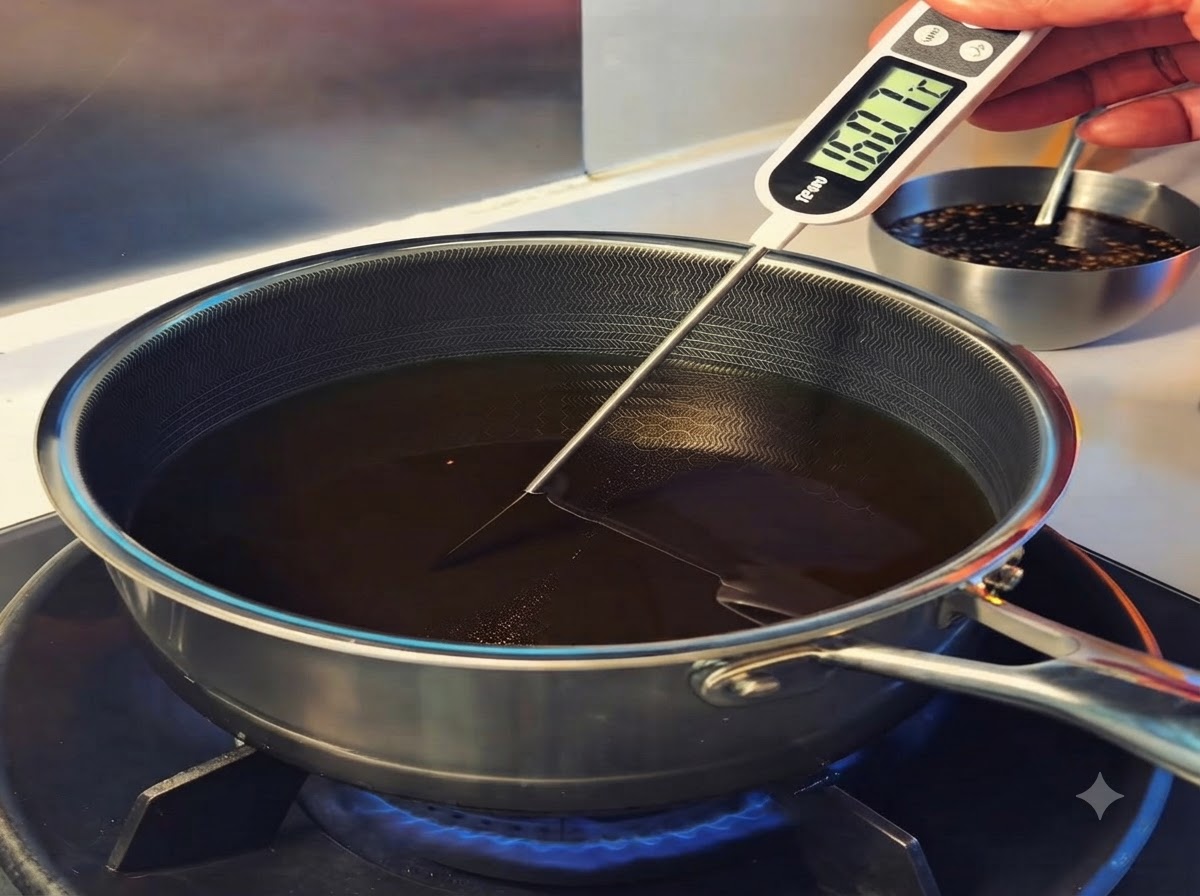 Un termometro digitale per carne che misura la temperatura dellolio che si riscalda in una padella antiaderente su un piano cottura.