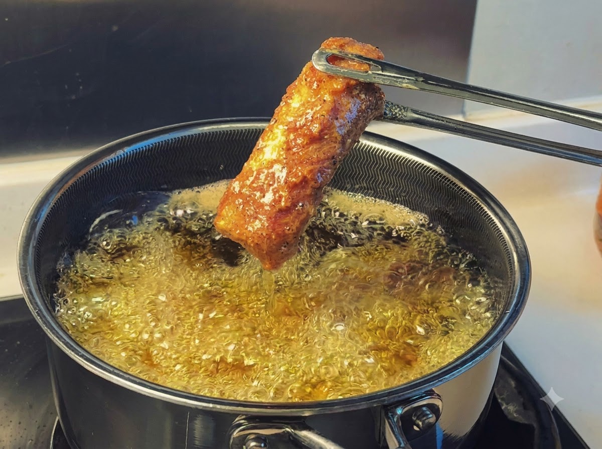 Pinze da cucina che sollevano un pezzo di costina di maiale fritta dorata dallolio di cottura bollente.
