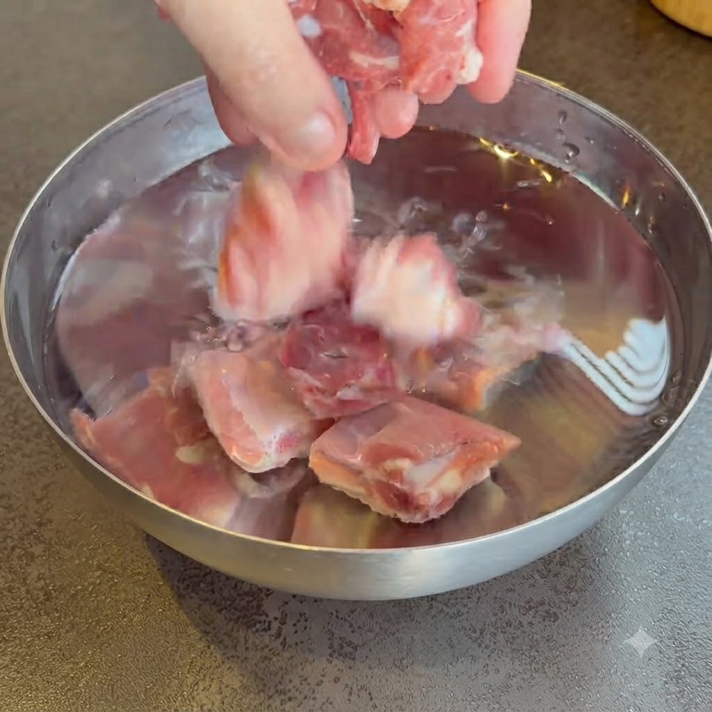 Costine di maiale sommerse in una ciotola dacciaio riempita con acqua e sale.