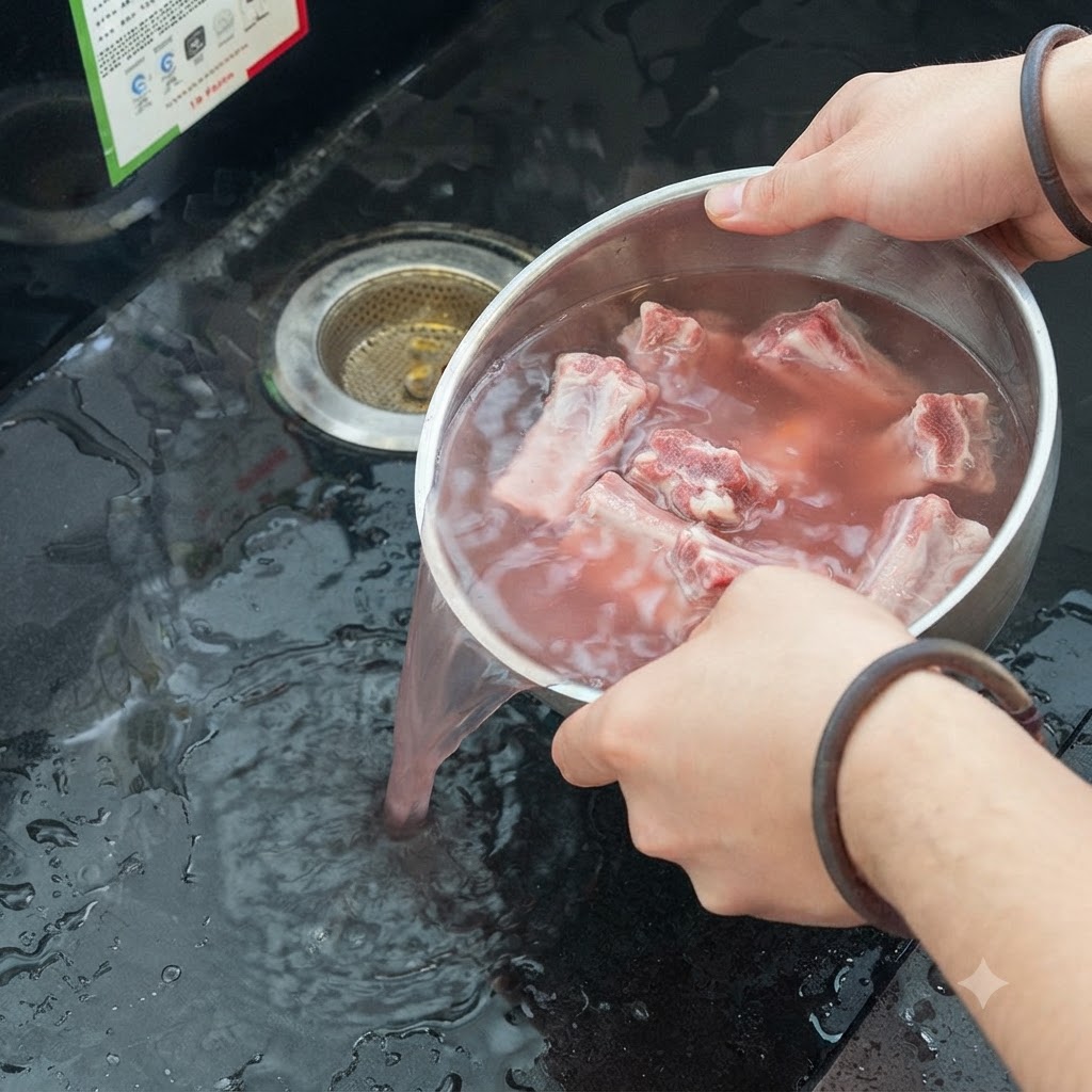 Costine di maiale sciacquate in una ciotola dacciaio sotto un getto dacqua nel lavandino.
