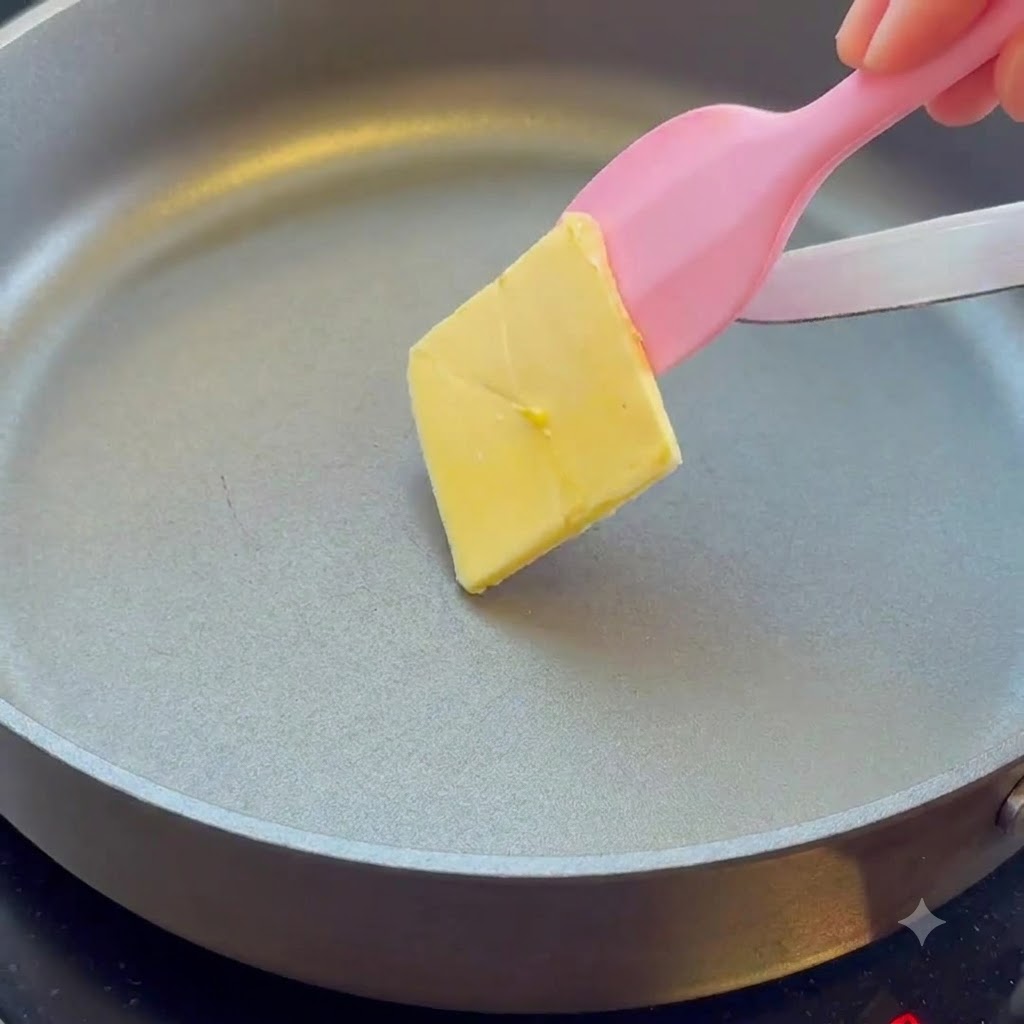 Un piccolo quadratino di burro che si scioglie in una padella riscaldata con una spatola rosa.
