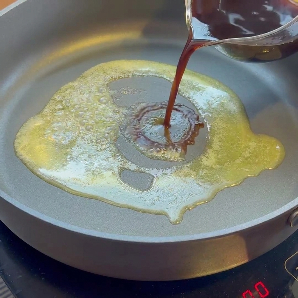 Caffè liquido versato da un contenitore di vetro in una padella di burro fuso.
