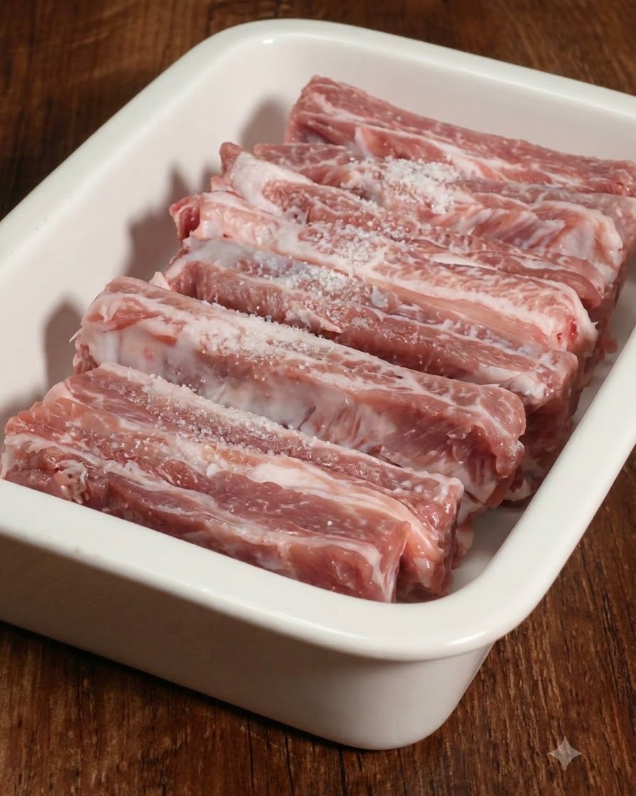 Costine di maiale fresche in un contenitore bianco condite con sale e altri ingredienti prima della marinatura.
