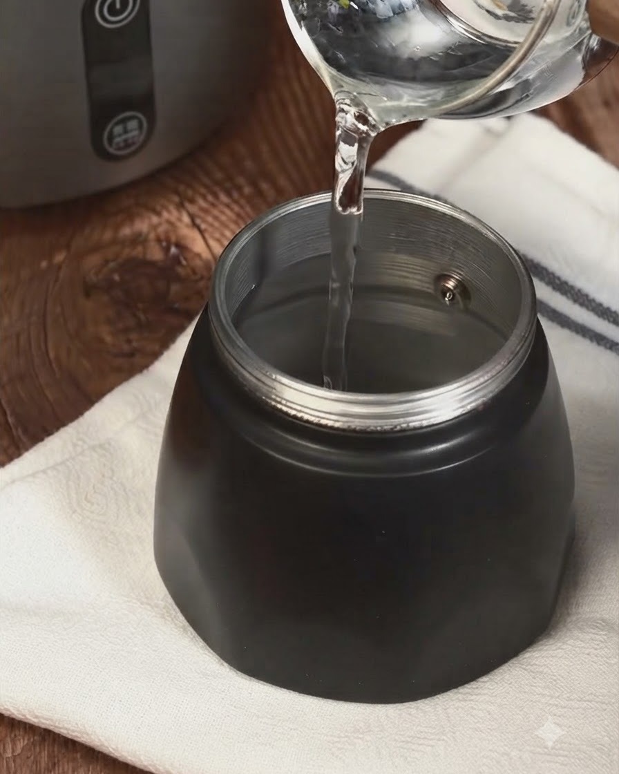 Acqua versata nella camera inferiore di una moka nera per la preparazione.