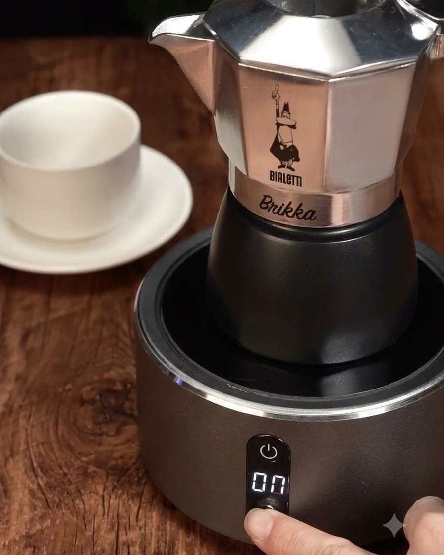 Una moka poggiata su una base riscaldante elettrica mentre inizia il processo di infusione del caffè.