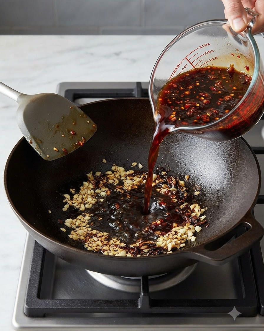 Un misurino che versa la salsa scura nel wok contenente laglio soffritto.