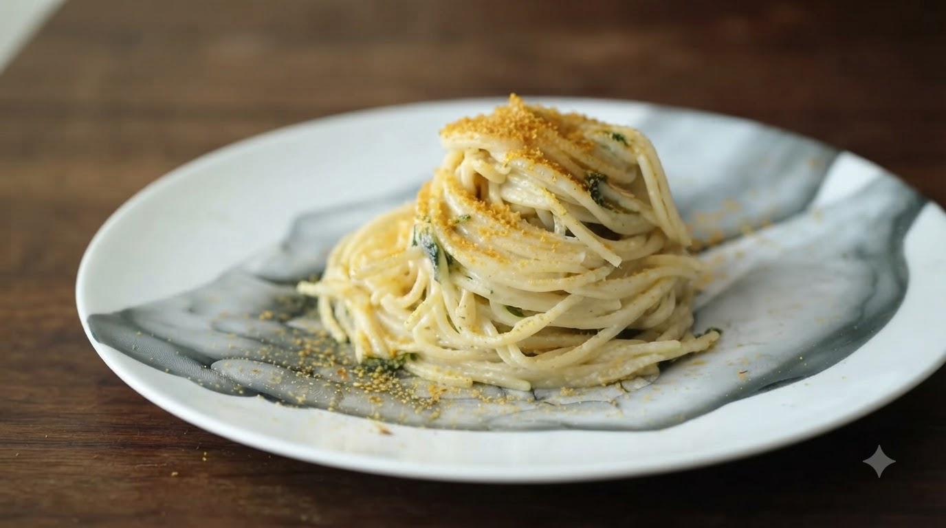 Spaghetti Cremosi alla Bottarga con Alghe e Sesamo