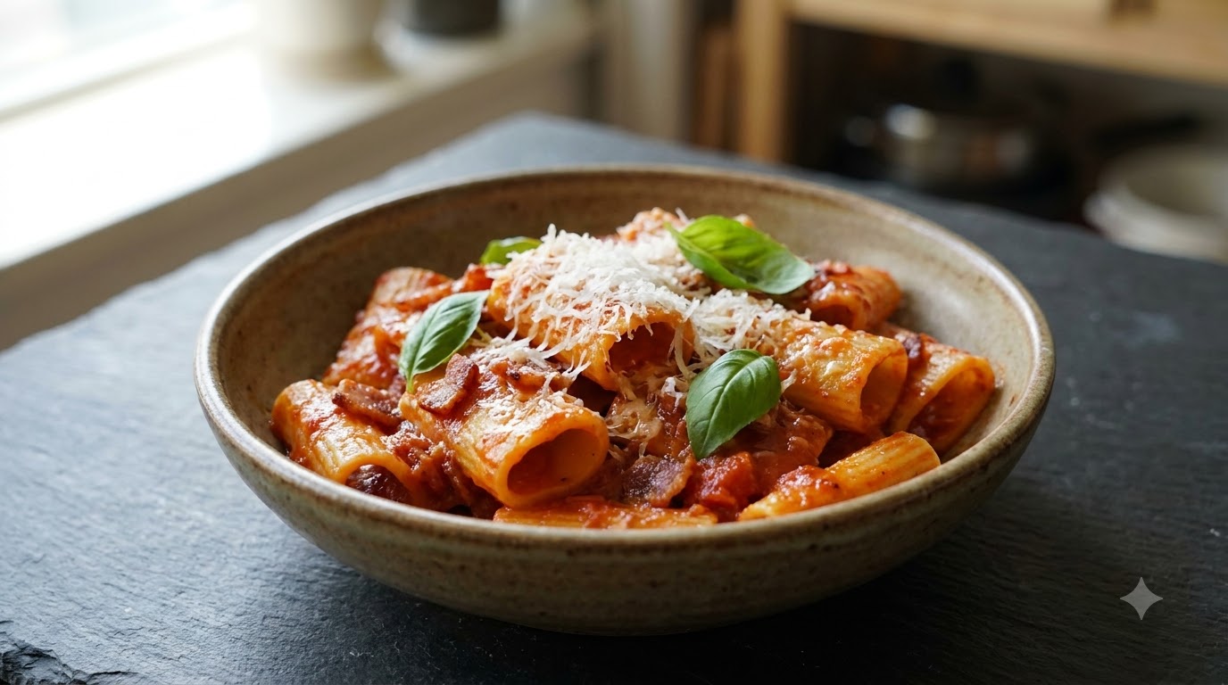 Rigatoni Veloci con Pancetta, Pomodoro e Aglio