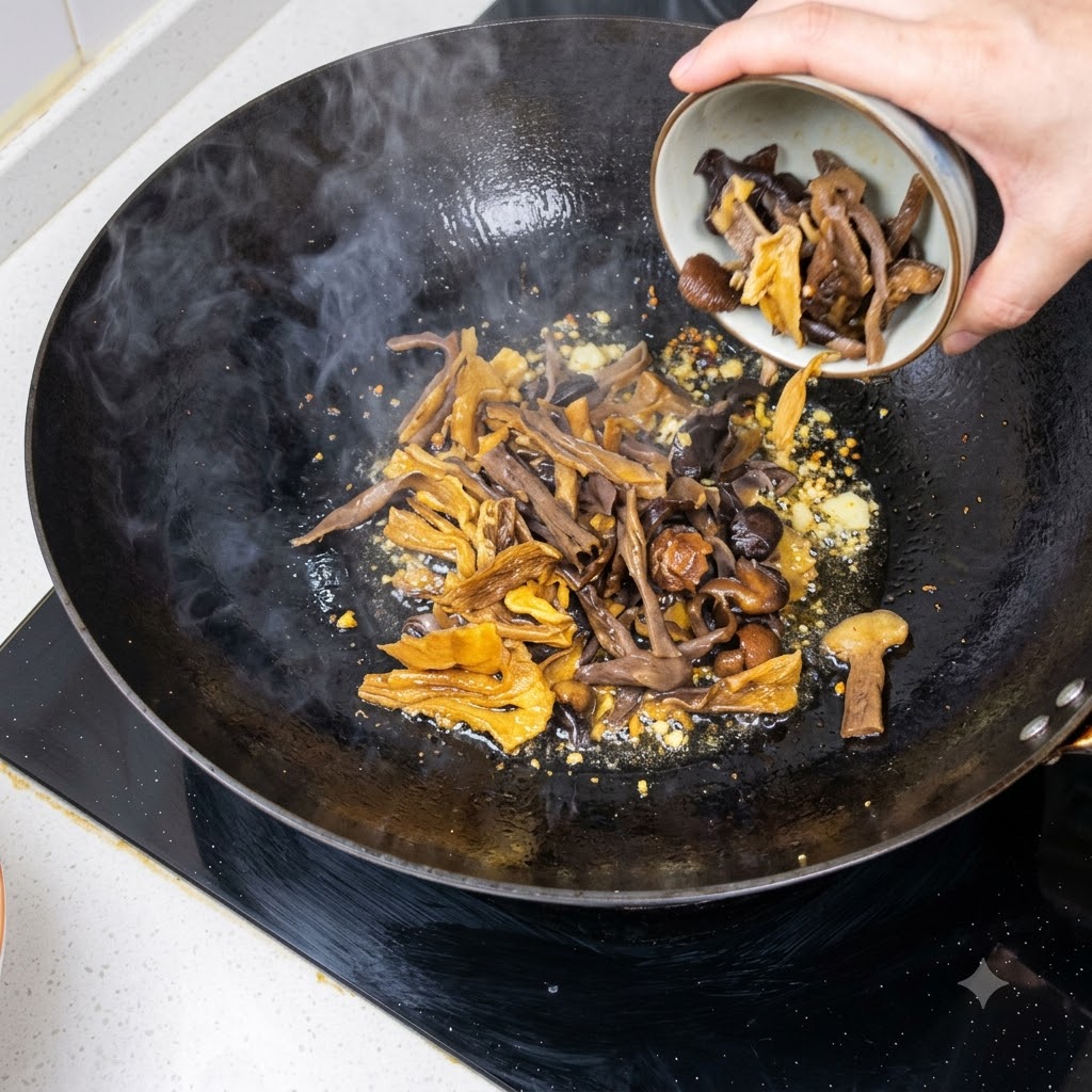 Una mano che tiene una ciotolina versa fungo di bambù affettato e piccoli funghi in un wok nero sfrigolante.