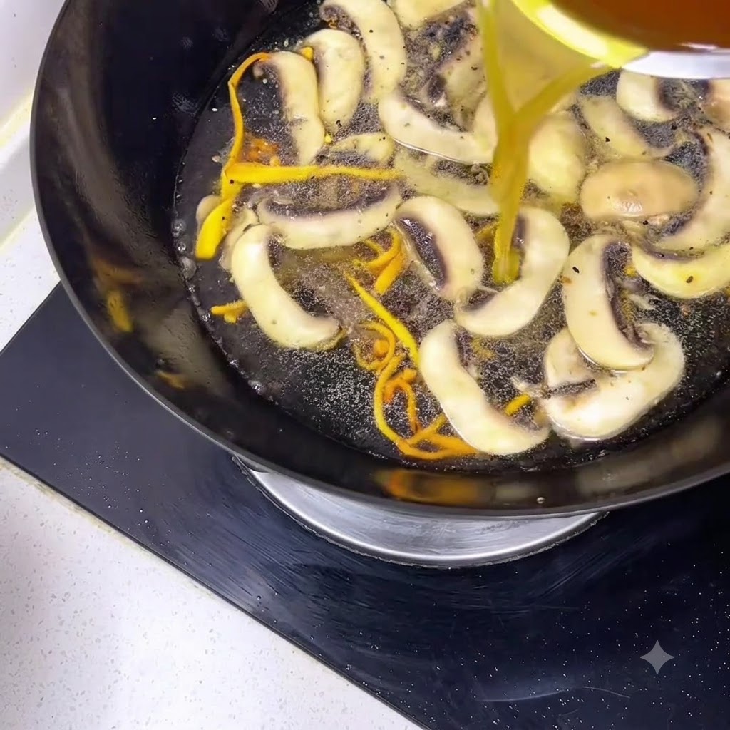 Liquido ambrato trasparente di ammollo dei funghi versato da un contenitore in un wok sfrigolante pieno di funghi affettati.