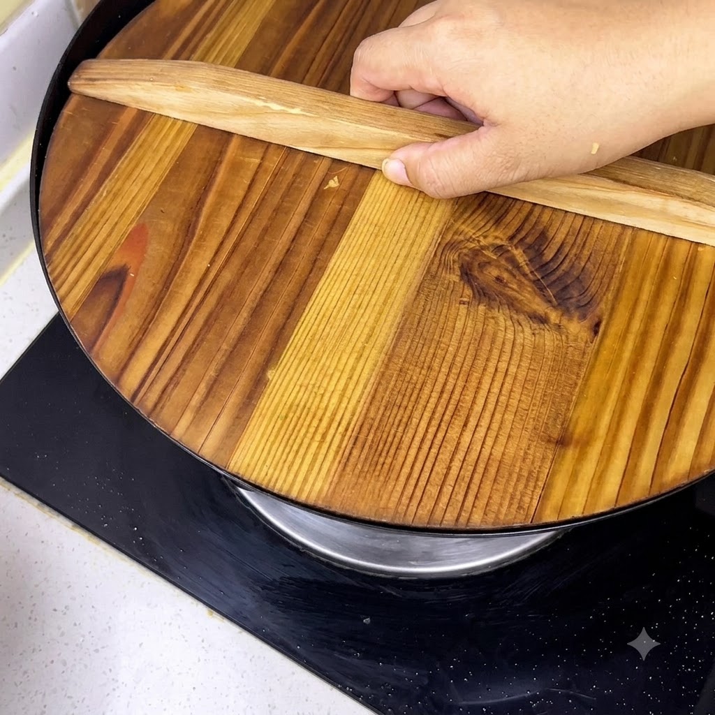 Una mano posiziona saldamente un coperchio di legno rotondo sopra un wok nero.