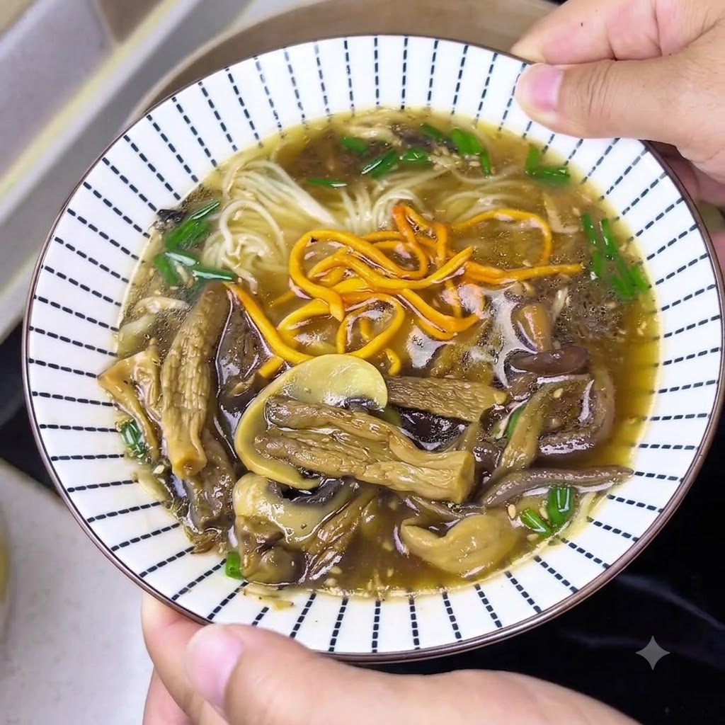 Un mestolo che versa zuppa di funghi calda e saporita in una ciotola contenente condimenti ed erbe aromatiche.