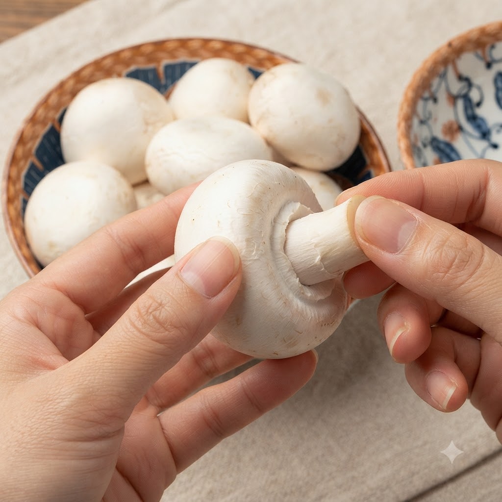 Mani che staccano il gambo di un fungo champignon bianco pulito.