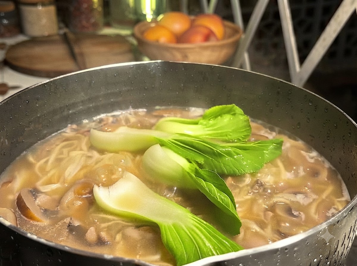 Bok choy verde fresco che galleggia sopra una pentola calda e fumante di zuppa di noodles.