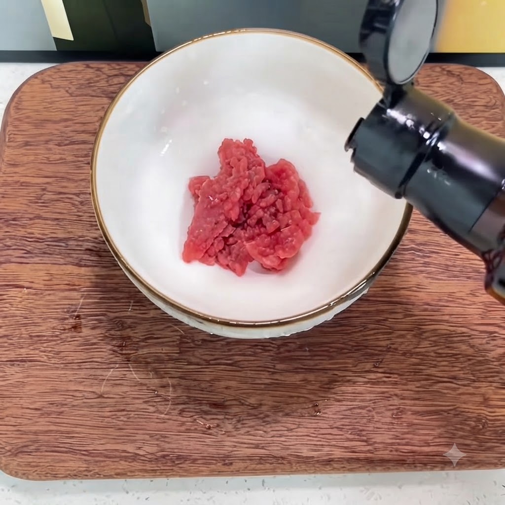 Una bottiglia che versa olio per neonati in una ciotola bianca piena di carne macinata.