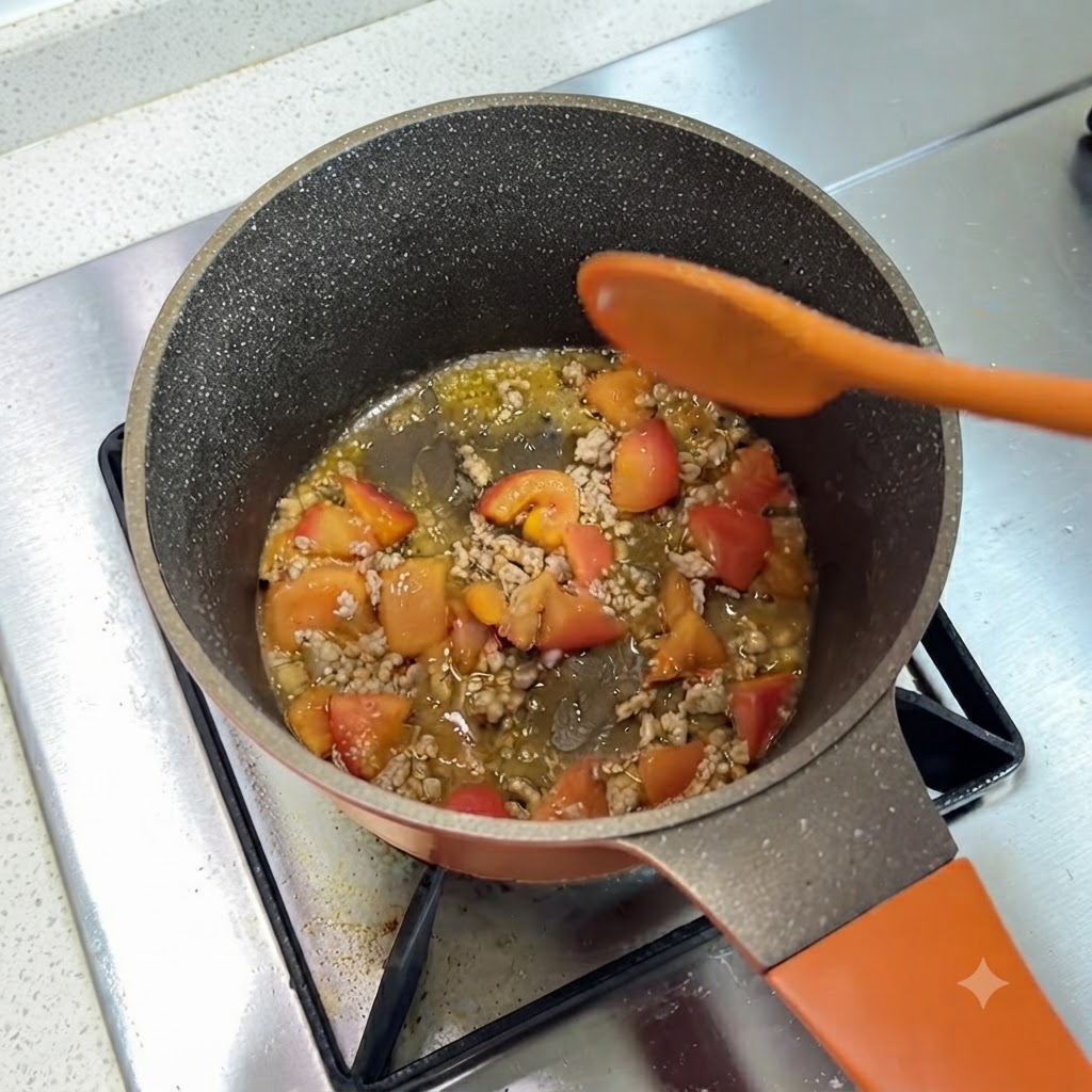 Un cucchiaio di salsa di soia per neonati versato nella padella con carne macinata e pomodori.