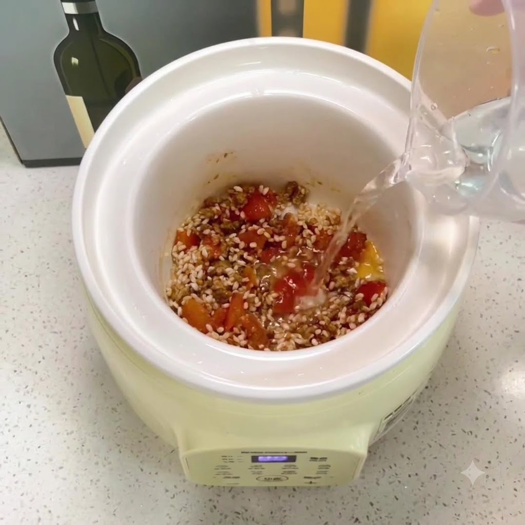 Acqua limpida versata da un misurino nella pentola con il riso e il composto di carne.
