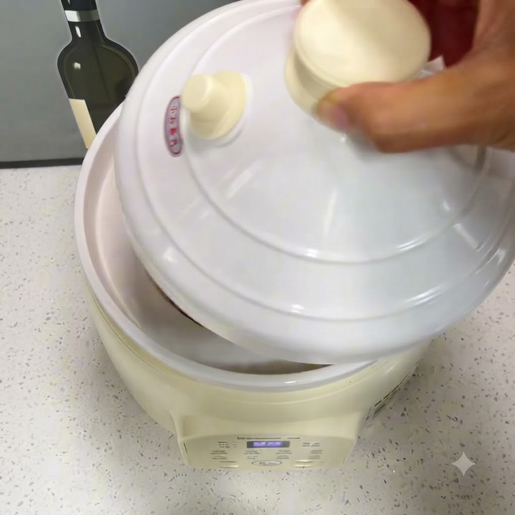 Un coperchio bianco posizionato sulla sommità della piccola pentola elettrica.