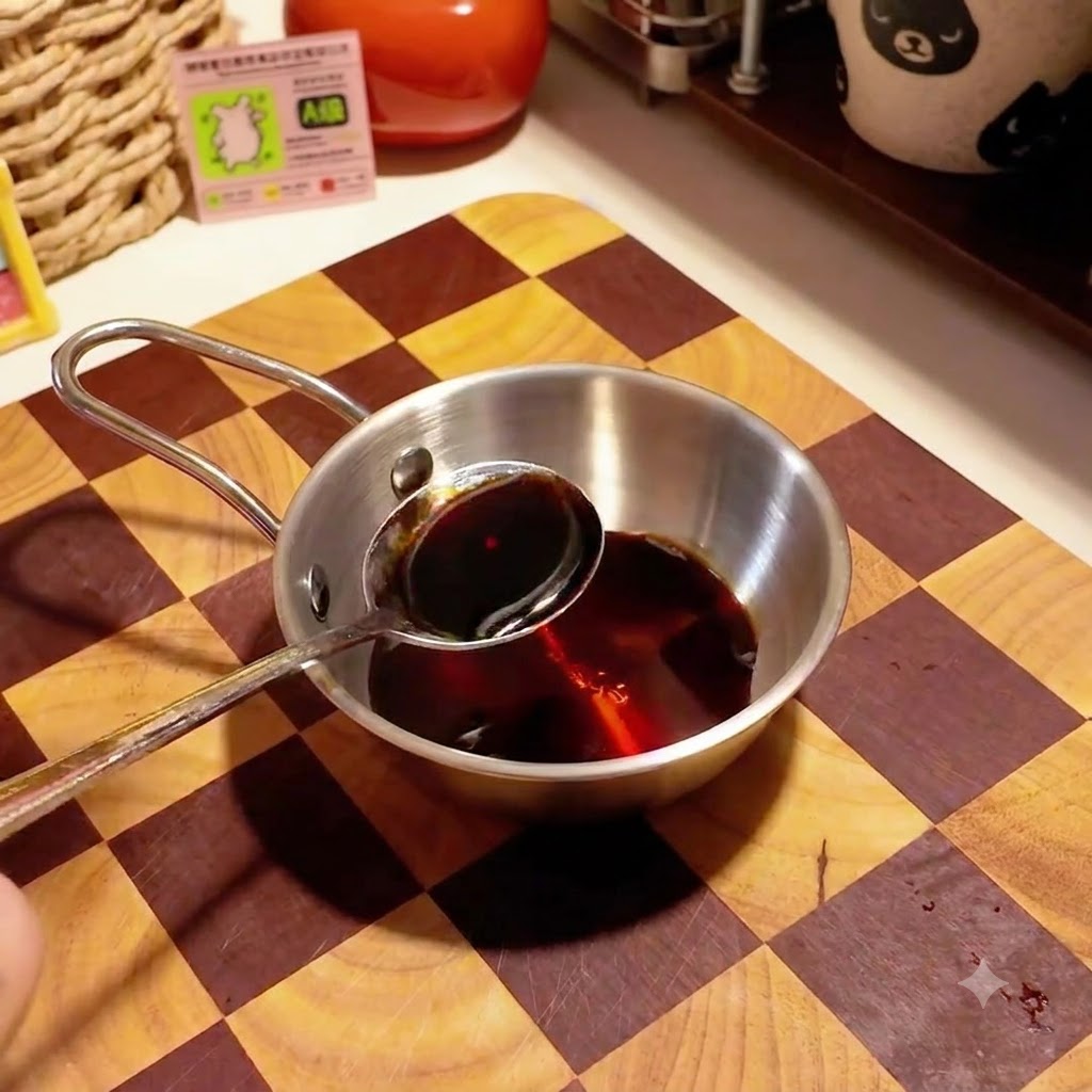 Un cucchiaio che versa un liquido scuro in una ciotolina di metallo con gli ingredienti della salsa.