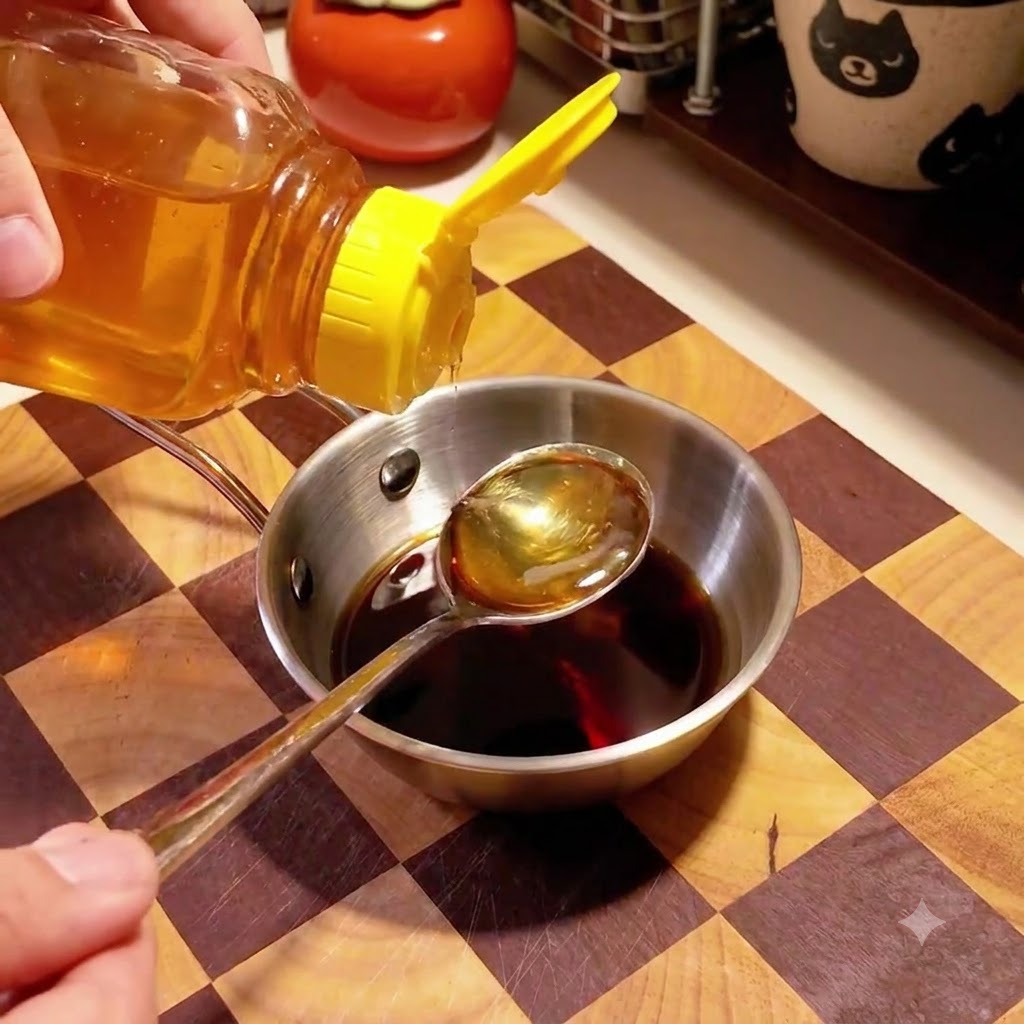 Miele che viene spremuto da un barattolo dal tappo giallo in una ciotolina di metallo.