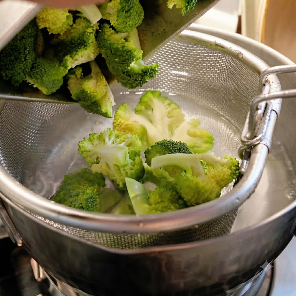 Cime di broccoli verdi fresche sbollentate allinterno di un colino a rete metallica immerso in acqua bollente.