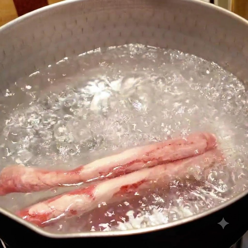 Due rotolini di carne cruda affettata finemente che bollono in una pentola dacqua.