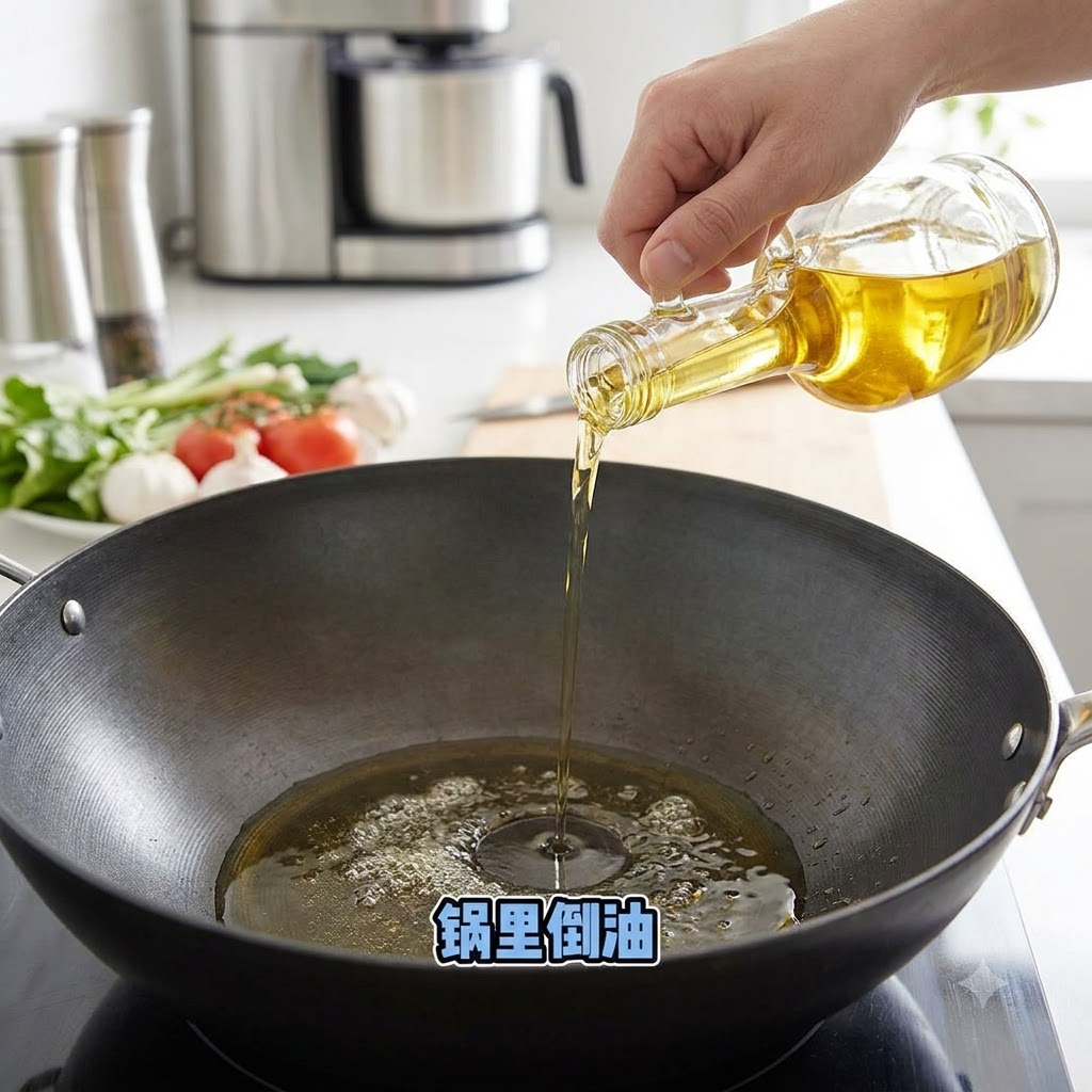 Una bottiglia dolio in vetro che versa olio da cucina in una padella antiaderente scura su un bancone da cucina.