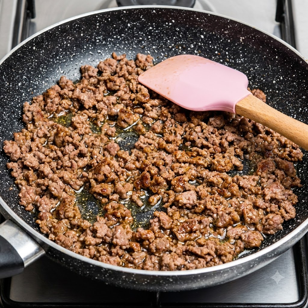 Carne macinata condita in una padella con una spatola rosa a fianco.