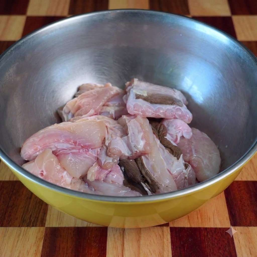 Pezzi di anguilla cruda allinterno di una ciotola di miscelazione in metallo.