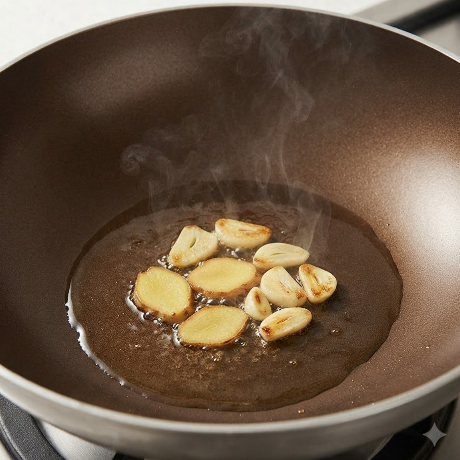Spicchi daglio e fette di zenzero che sfrigolano nellolio caldo allinterno di un wok marrone rivestito in ceramica.