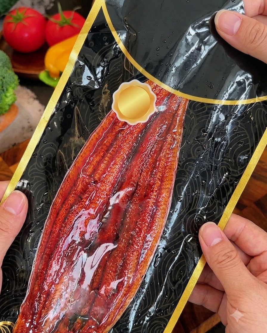 Confezione di anguilla kabayaki aperta e tagliata con forbici da cucina su un tagliere.