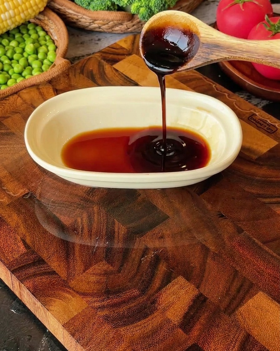 Salsa di soia chiara, salsa di soia scura e salsa dostriche versate e mescolate in un piccolo piatto bianco con acqua.