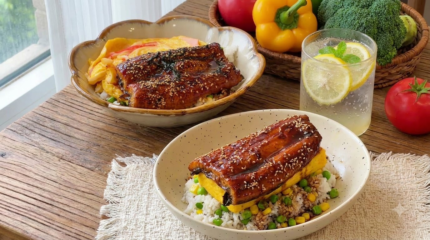 Bowl di Riso con Anguilla Kabayaki, Tamagoyaki, Mais e Piselli