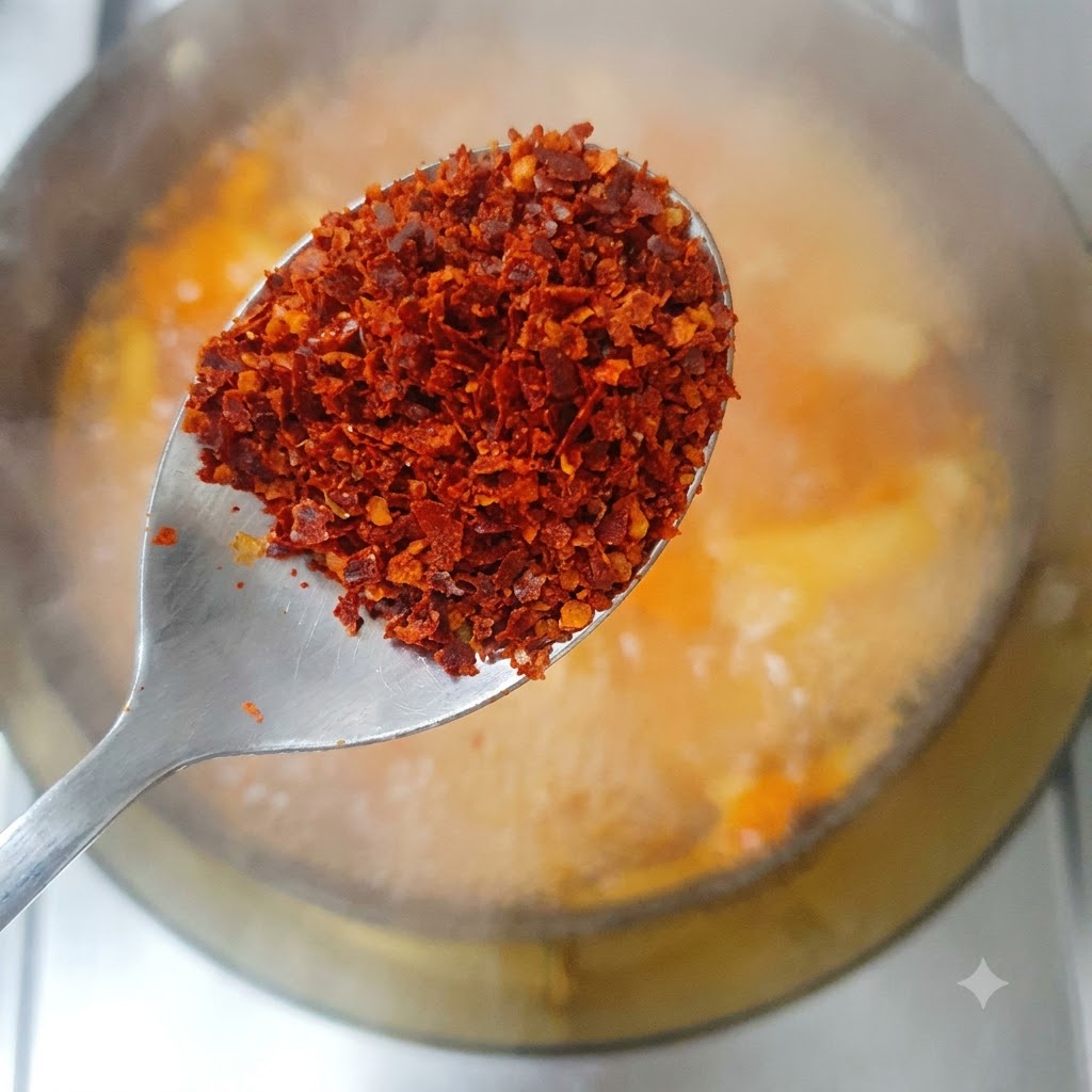Un cucchiaio di peperoncino rosso in polvere grosso tenuto sopra una pentola di zuppa di kimchi che bolle.