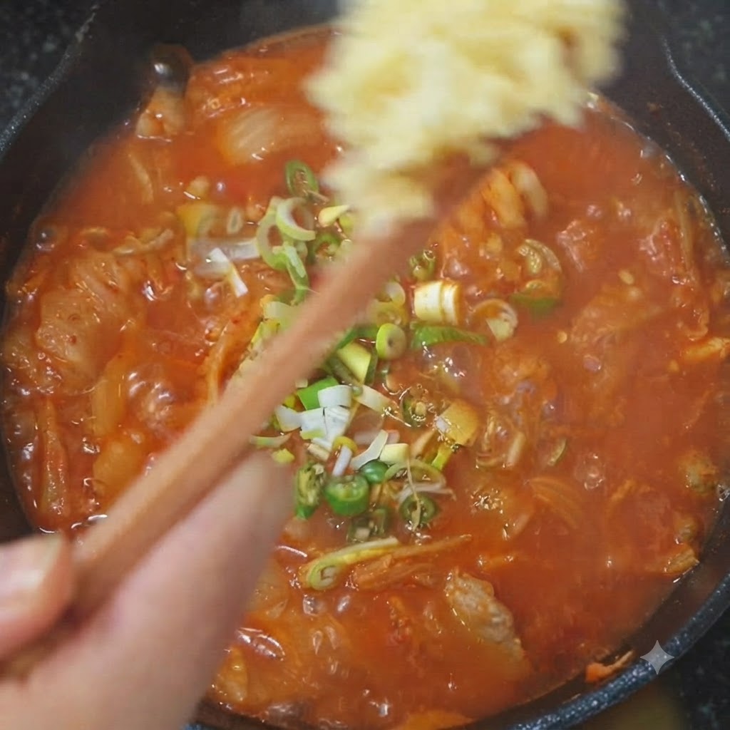 Aglio tritato fresco, cipollotti e peperoncini verdi affettati che vengono aggiunti a una pentola di stufato di kimchi.