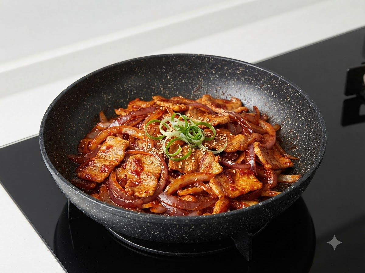 Pezzi di zucchina verde tritata mescolati e saltati con il composto di kimchi e maiale.