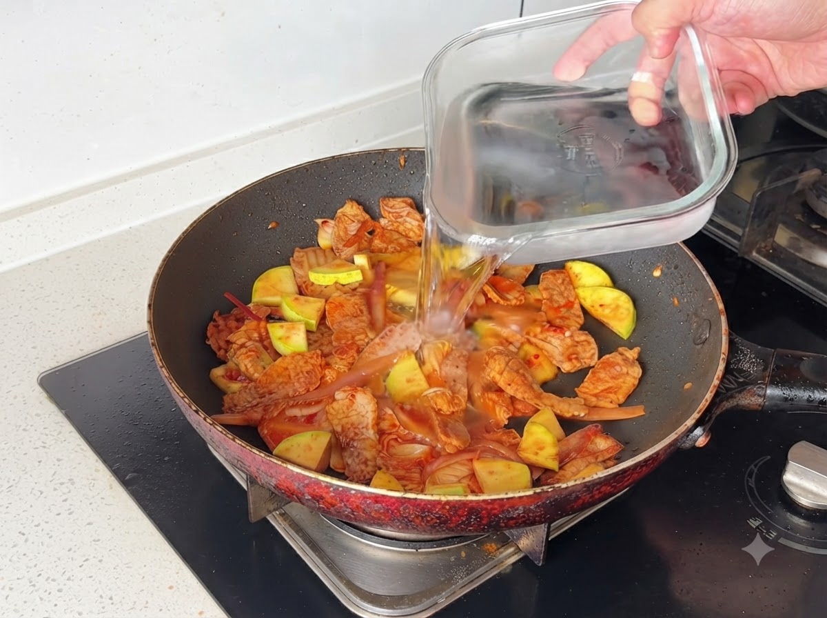 Acqua versata da un contenitore di vetro nella padella contenente maiale e verdure saltate.