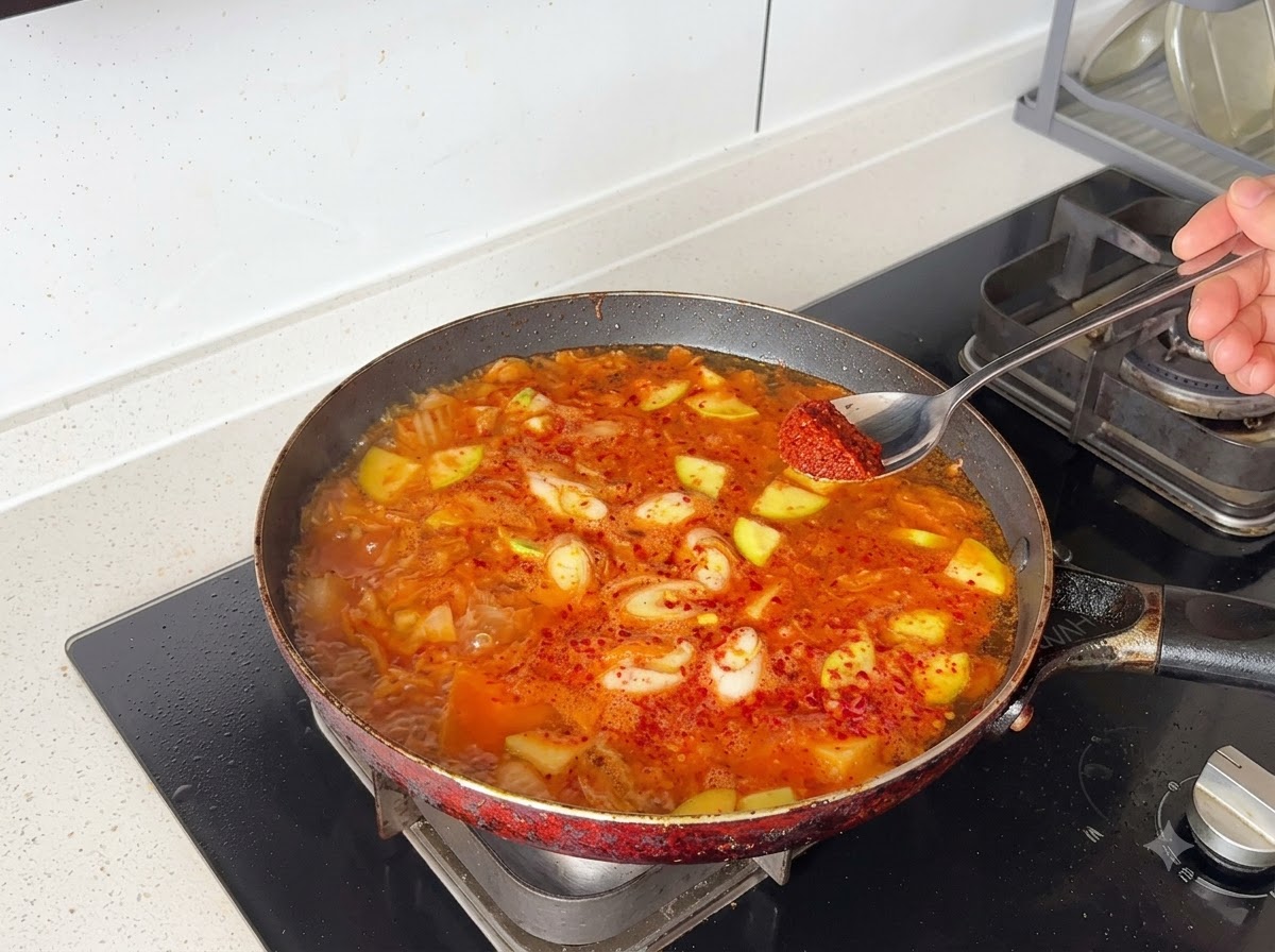 Un cucchiaio di pasta di chili aggiunto alla zuppa rossa bollente piena di pezzi di verdura.